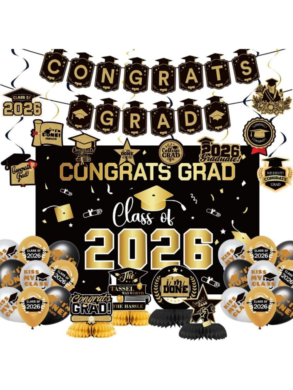 2026 Graduation Party Decorations Set - Black & Gold Theme for High School